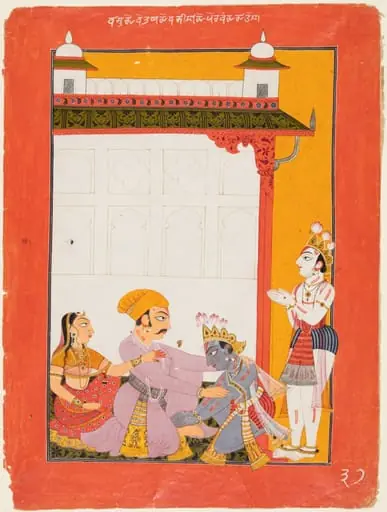 Krishna and Balarama touching the feet of Vasudeva and Devaki, from the “Vertical” Bhagavata Purana, by Unknown