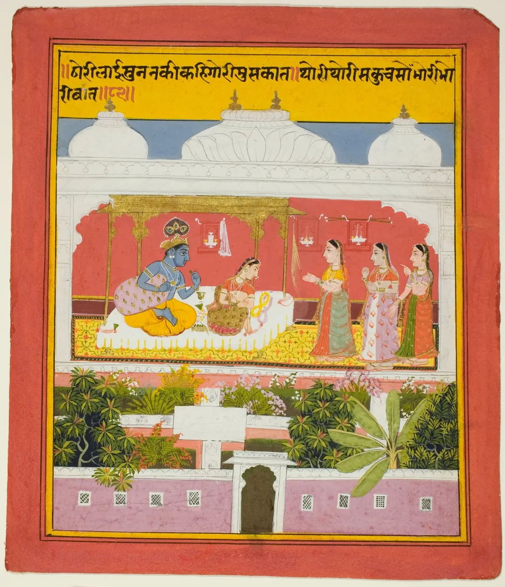 Krishna and Radha in a Pavilion, from a copy of the Seven Hundred Verses (Sat Sai) of Bihari, by Unknown, watercolor, 1719