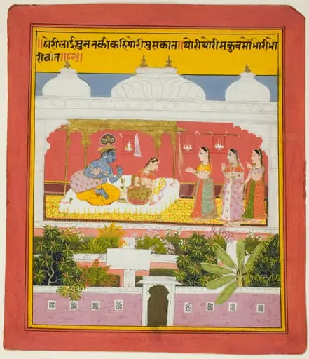 Krishna and Radha in a Pavilion, from a copy of the Seven Hundred Verses (Sat Sai) of Bihari, by Unknown