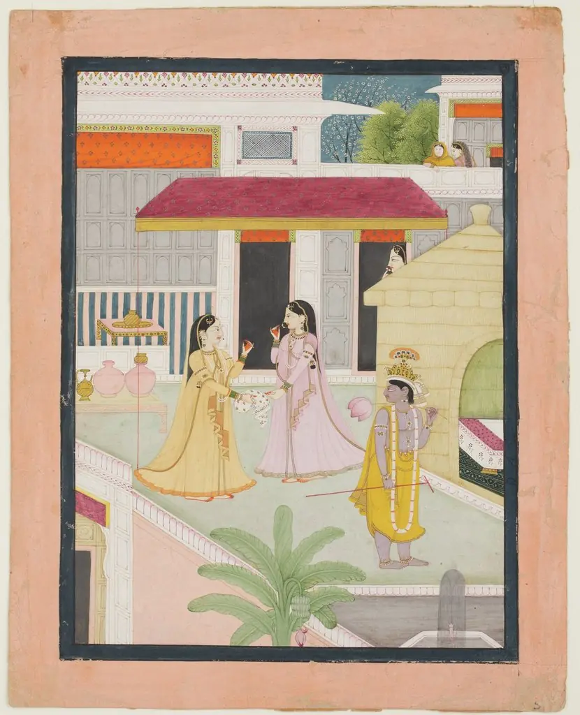 Krishna and Radha with Attendant, by Unknown