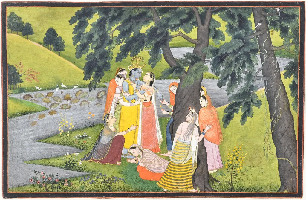 "Krishna and the Gopis on the Bank of the Yamuna River", Folio from the "Second" or "Tehri Garhwal" Gita Govinda (Song of the Cowherd), by Unknown, unspecified, 1789