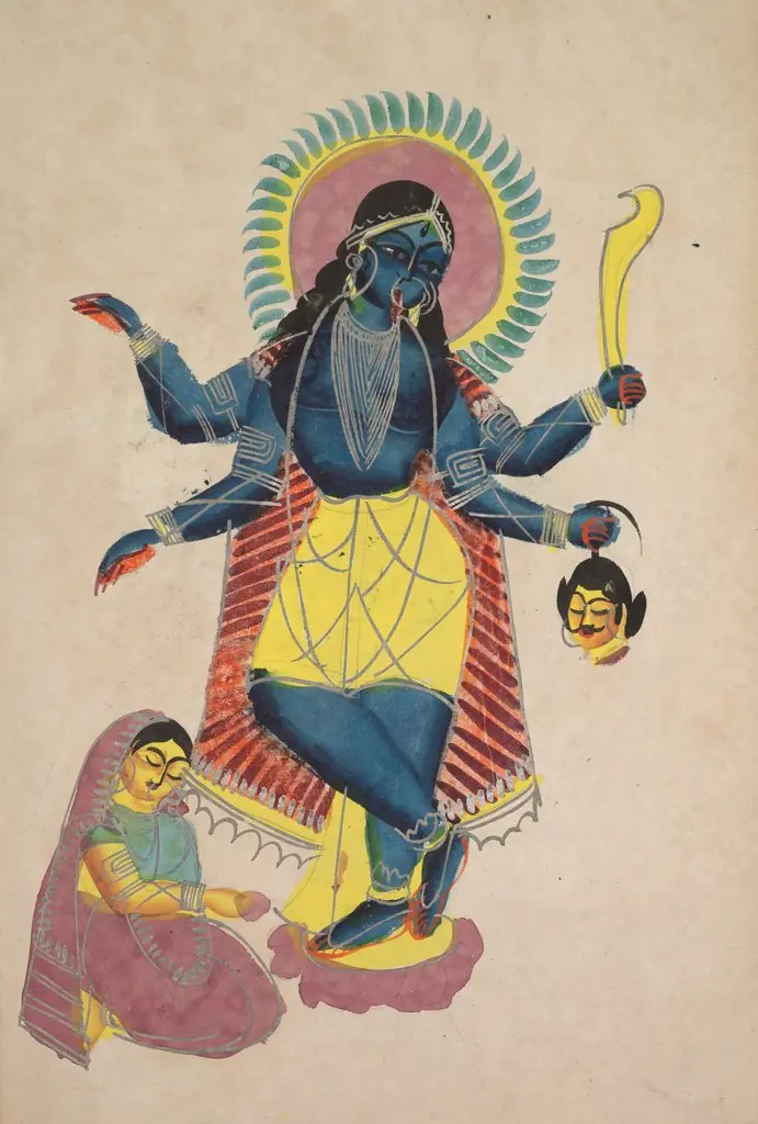 Krishna as Kali worshipped by Radha (recto), from a Kalighat album, by Unknown
