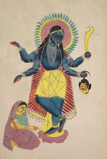 Krishna as Kali worshipped by Radha (recto), from a Kalighat album, by Unknown
