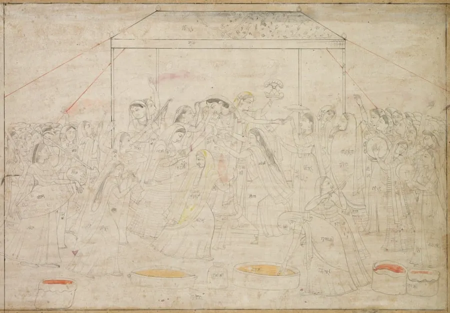 Krishna being dressed in women’s clothes for the spring festival Holi, by Unknown, unspecified, 1790
