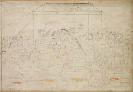 Krishna being dressed in women’s clothes for the spring festival Holi, by Unknown