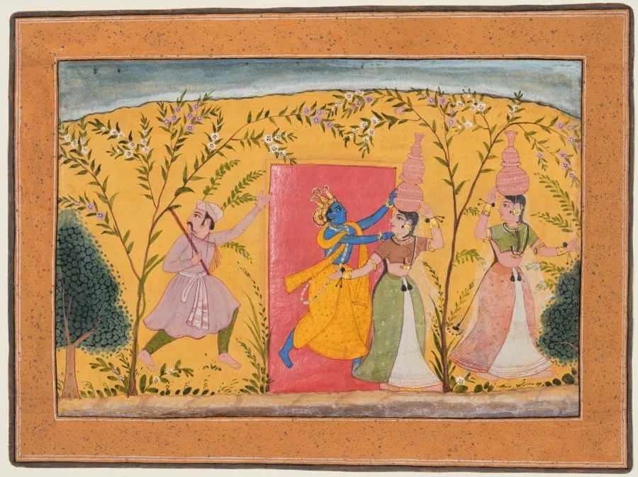 Krishna Exacts a Toll from the Milkmaids: Dana-Lila, from a Bhagavata Purana, by Unknown, unspecified, 1600
