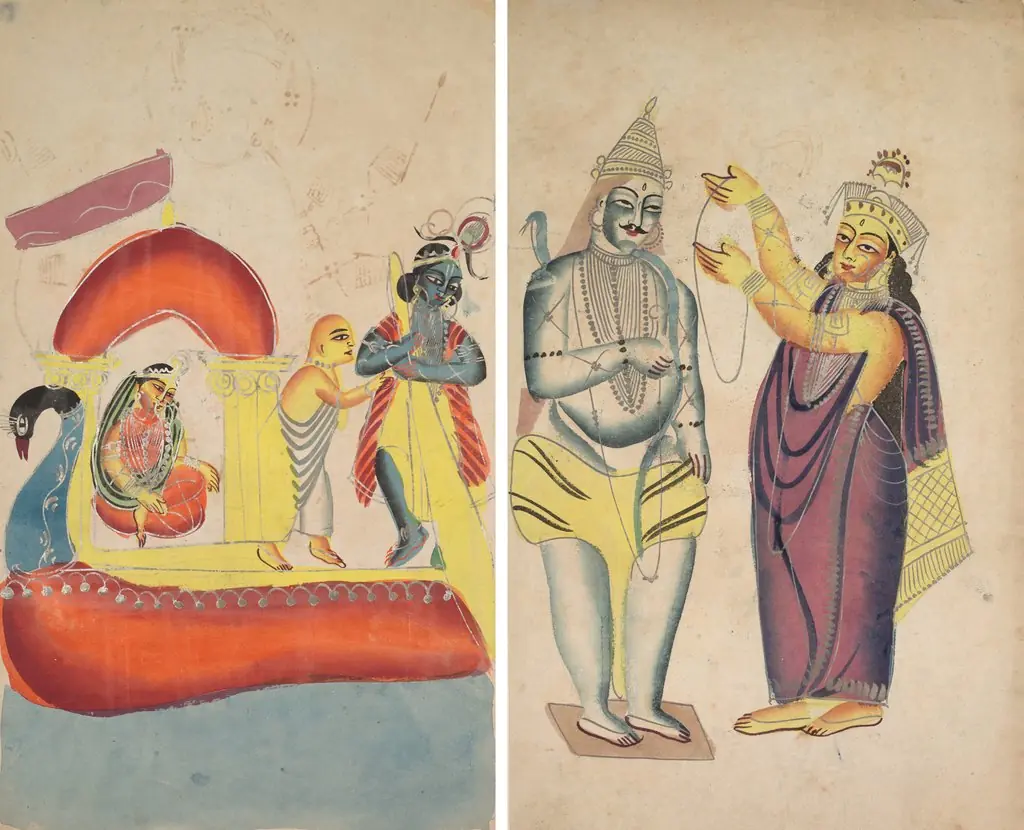 Krishna Ferrying Radha Across the Yamuna River (recto); Parivati Placing a Wedding Garland on Shiva (verso), by Unknown