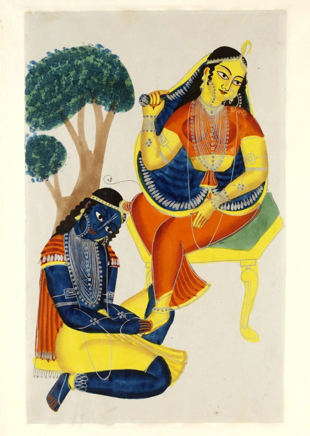 Krishna kneeling at Radha's feet, by Unknown, paint, 1865