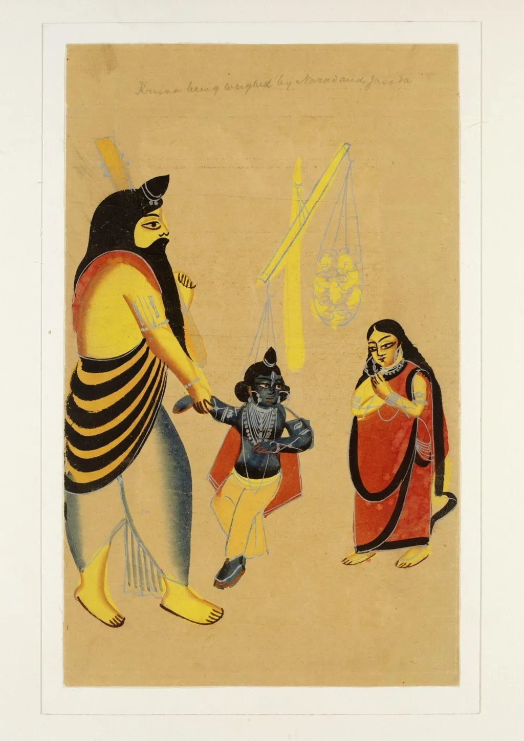 Krishna, Narada and Jasoda, by Unknown, paint, 1885