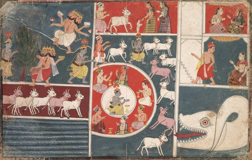 Krishna Playing the Flute and other Episodes from the Bhagavata Purana, by Unknown, 1650