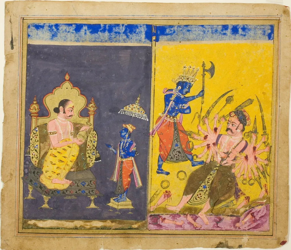 Krishna's Fifth and Sixth Avatars, page from a copy of the Gitagovinda of Jayaveda, by Unknown, watercolor, 1685