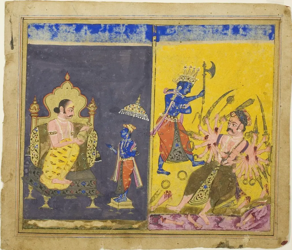 Krishna's Fifth and Sixth Avatars, page from a copy of the Gitagovinda of Jayaveda, by Unknown