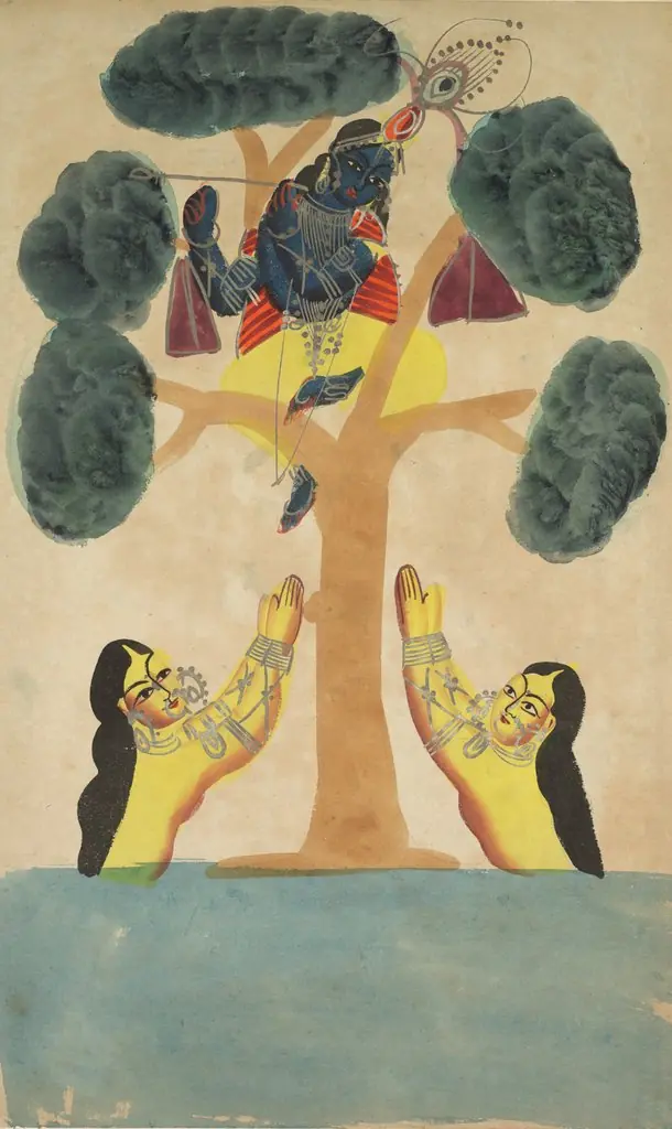 Krishna Steals the Clothes of the Cowgirls (Gopis) (recto), from a Kalighat album, by Unknown