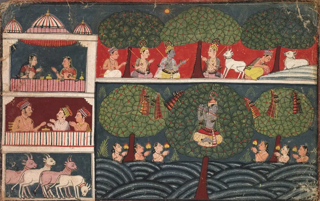 Krishna Steals the Clothes of the Milkmaids and Expounds on the Virtue of Trees, from a Braj Bhagavata Purana, by Unknown, 1650