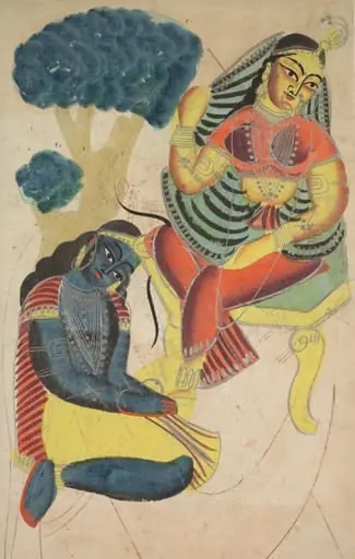 Krishna Stroking Radha's Feet (verso), from a Kalighat album, by Unknown, 1890
