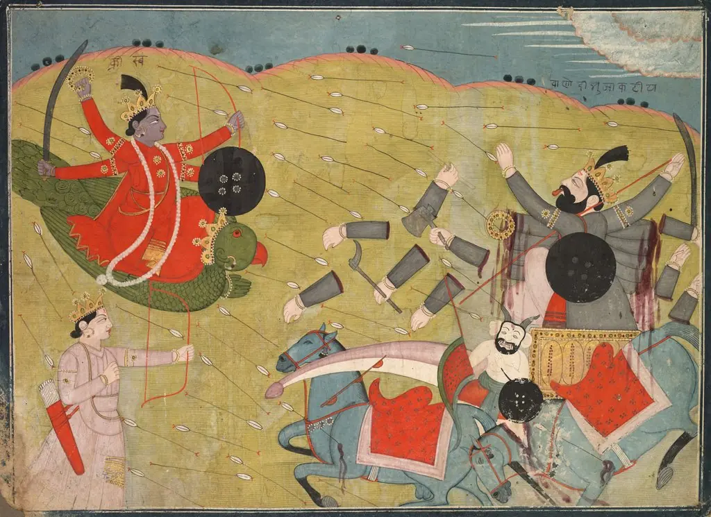 Krishna Vanquishing Vanasura: Scene from the Aniruddha Usha Section of Krishna Lila, by Unknown, 1840