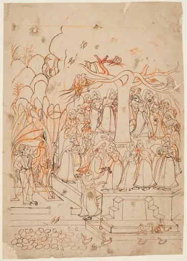 Krishna watches the milkmaids  circumambulating a sacred tree: The month of Jyestha (May–June), from a Barahmasa (The Twelve Months), by Unknown