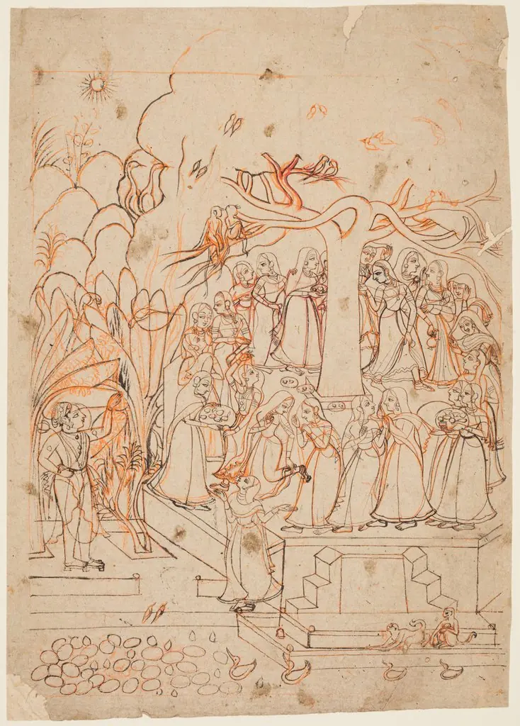 Krishna Watches the Milkmaids  Circumambulating a Sacred Tree: the Month of Jyestha (May–June), from a Baramasa (The Twelve Months), by Unknown, 1760