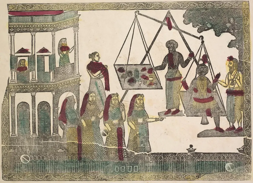 Krishna weighed against precious objects(?) (verso), from a Kalighat album, by Unknown, 1896