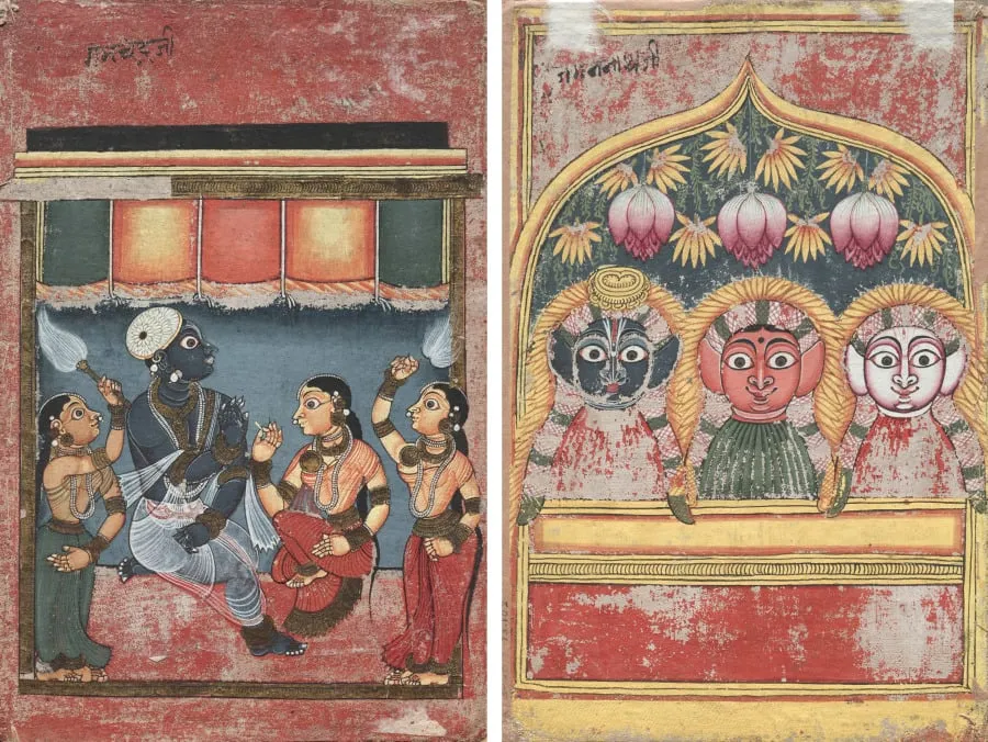 Krishna with Radha and Two Attendants (recto); Jagannath, Subhadra and Balarama in an Arch (verso), by Unknown, unspecified, 1704