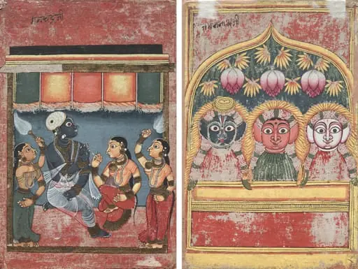 Krishna with Radha and Two Attendants (recto); Jagannath, Subhadra and Balarama in an Arch (verso), by Unknown
