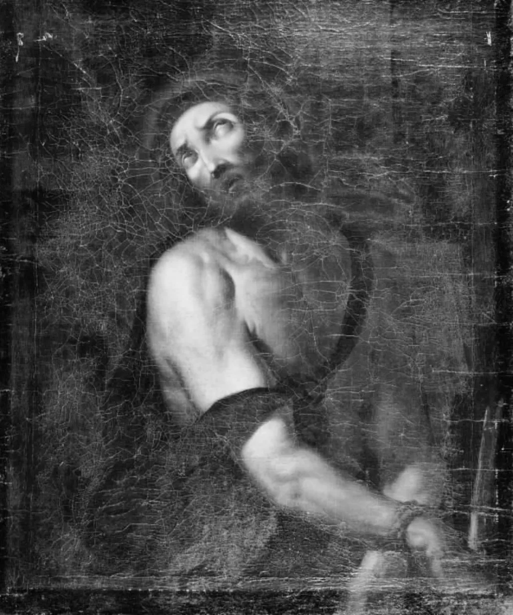 Kristus med tornekronen og sammenbundne hænder, holder i den højre hånd et rør, by Unknown, 1750