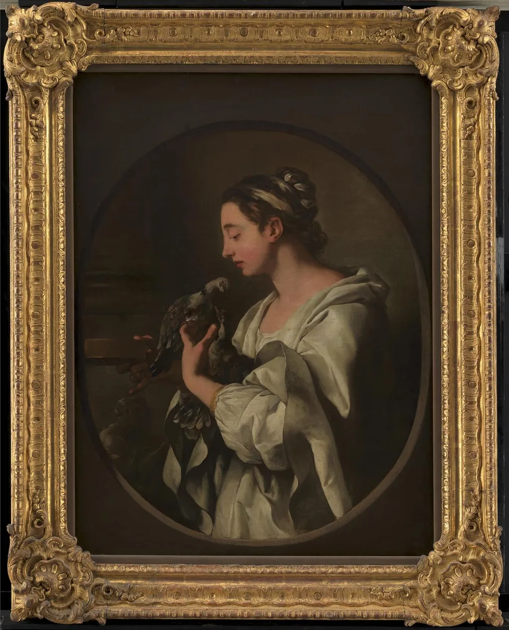 "L'Amour conjugal". A Young Woman with two Doves. An Allegory of Conjugal Love, by Unknown, 1741
