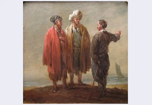 La malul mării ; pandant: Țăran și doi călugări, by Unknown