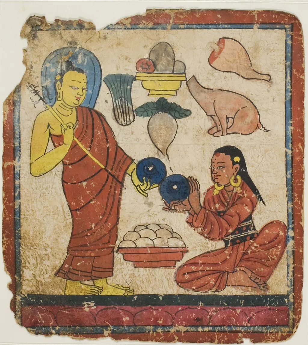 Lady Offering Food to a Monk, From a Set of Initiation Cards (Tsakali), by Unknown, unspecified, 1400