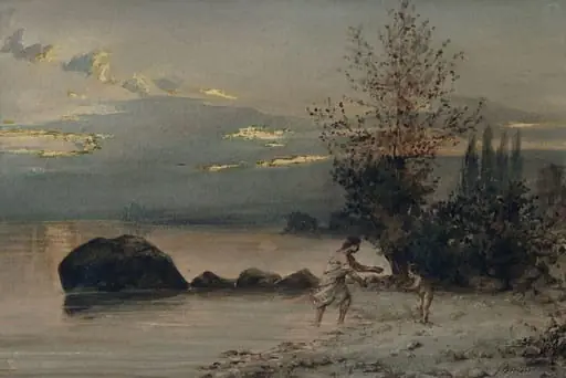 Lake scene, by Unknown