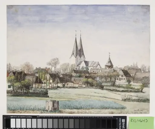 Landsby med kirke. Broager, by Unknown