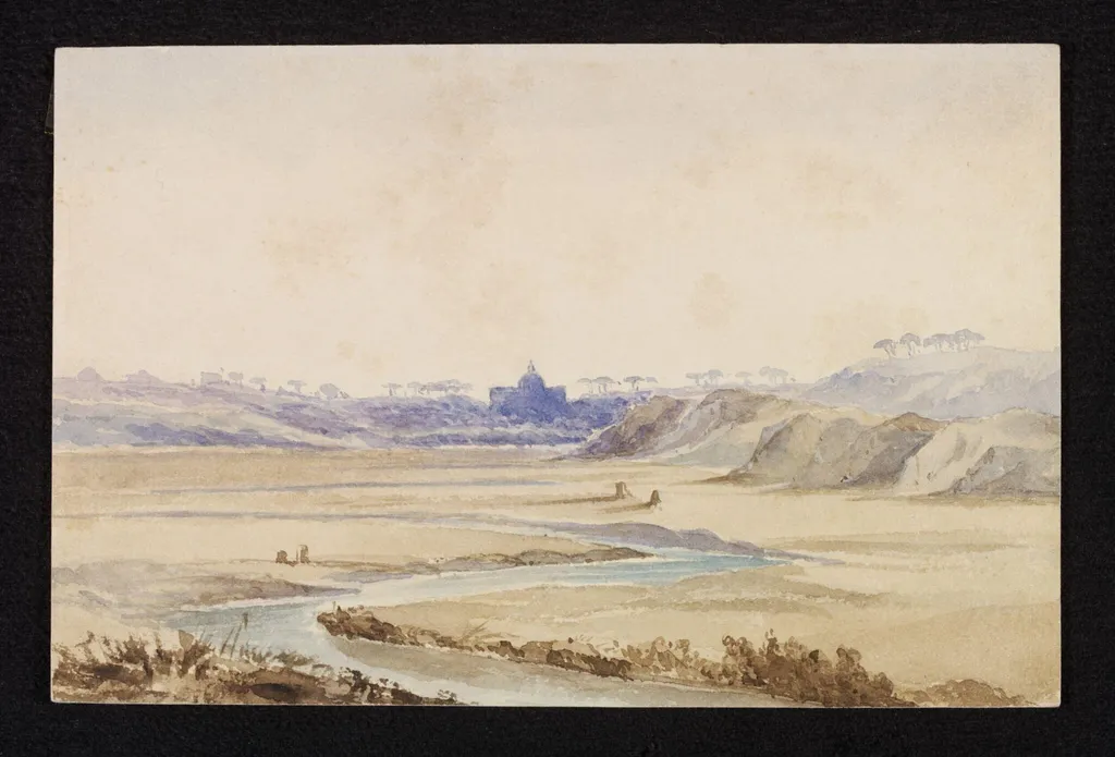 Landscape with a building, probably a tomb, in the distance, by Unknown, watercolor, 1850