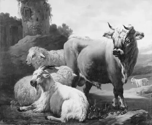 Landscape with a Bull, Sheep and Goats, by Unknown