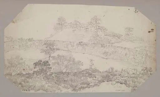 Landscape with a fortified wall and a hilltop village, by Unknown