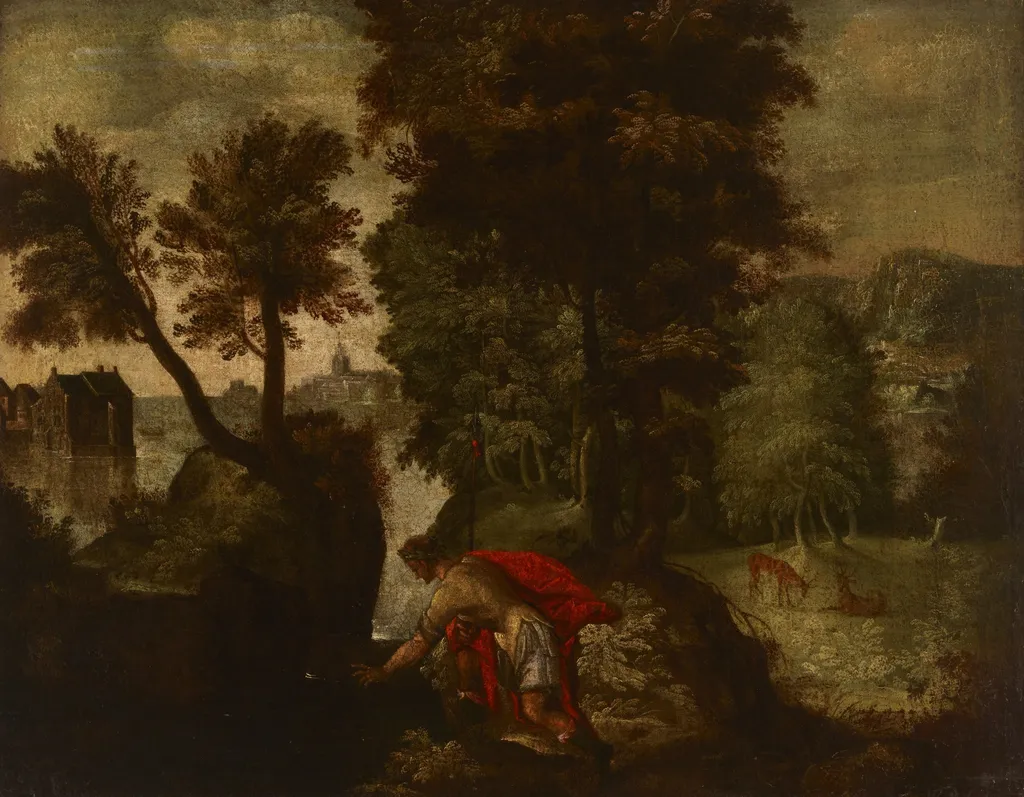 Landscape with a Kneeling Knight (Theseus?), by Unknown, oil, 1650