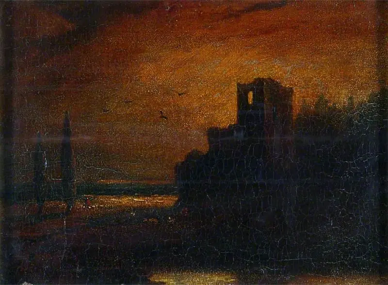 Landscape with a Ruined Tower, Sunset, by Unknown