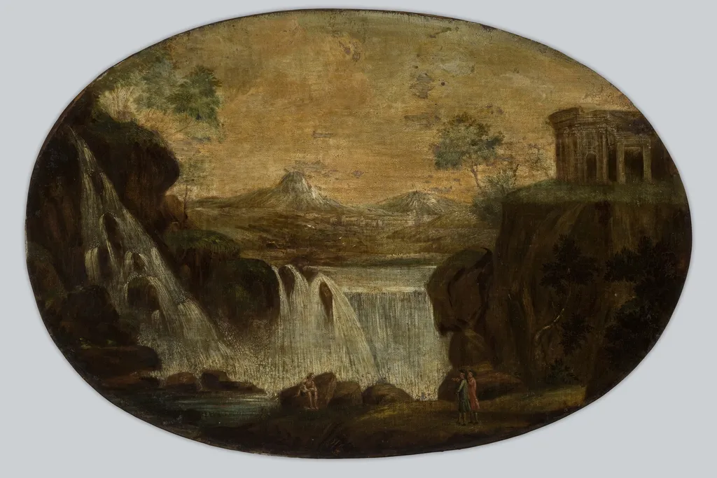 Landscape with a Waterfall and an Ancient Temple (Tivoli?), by Unknown, oil, 1800