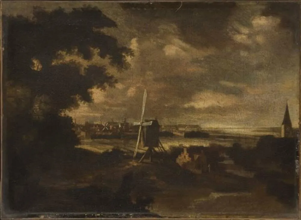 Landscape with a Windmill, by Unknown, oil, 1674