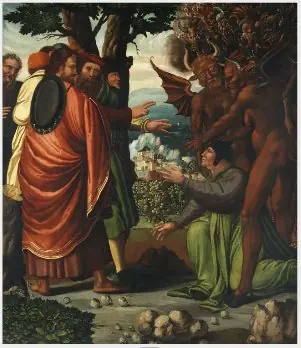Landscape with an Angel Bearing the Crown of Martyrdom; Saint James the Greater and Hermogenes (on verso), by Unknown