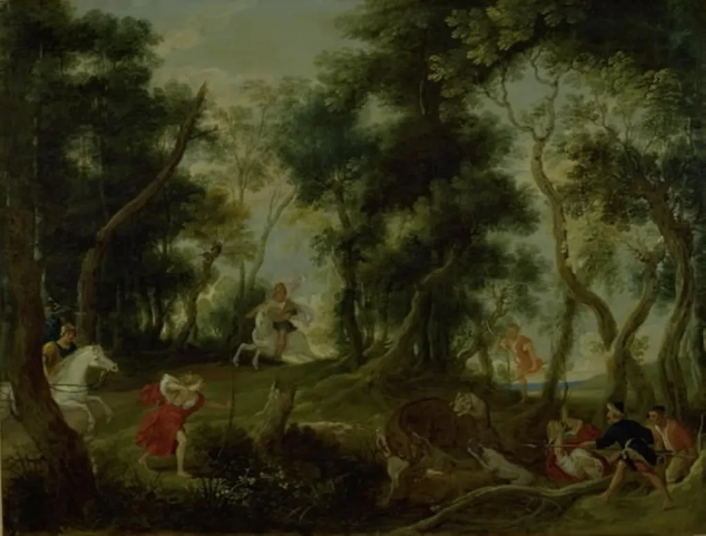 Landscape with Atalanta and Meleager Hunting the Calydonian Boar, by Unknown, unspecified, 1650