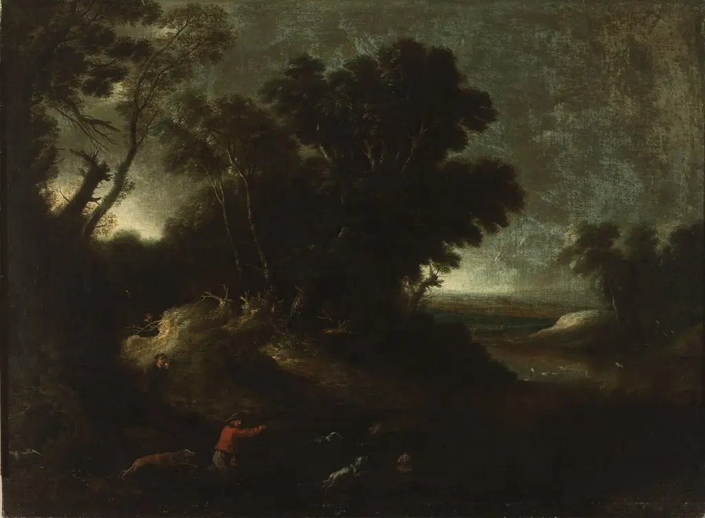Landscape with deer hunting, by Unknown