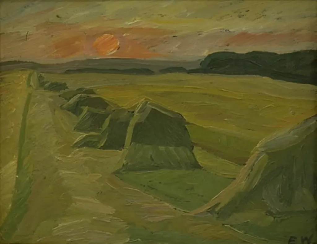 Landscape with Haystacks, by Unknown, unspecified, 1916