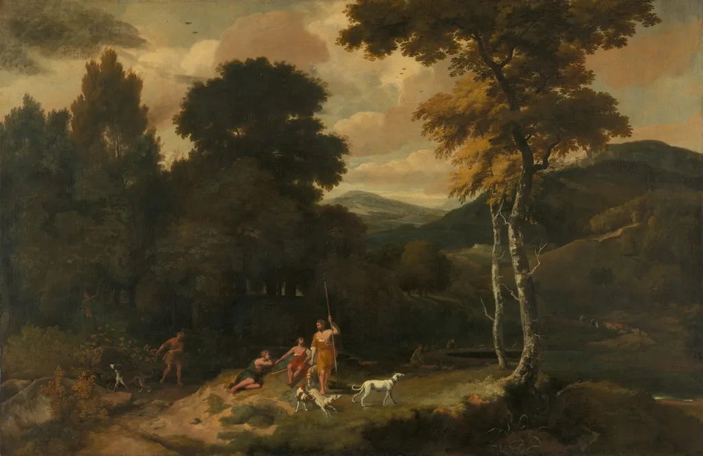 Landscape with Hunters, by Unknown, unspecified, 1674