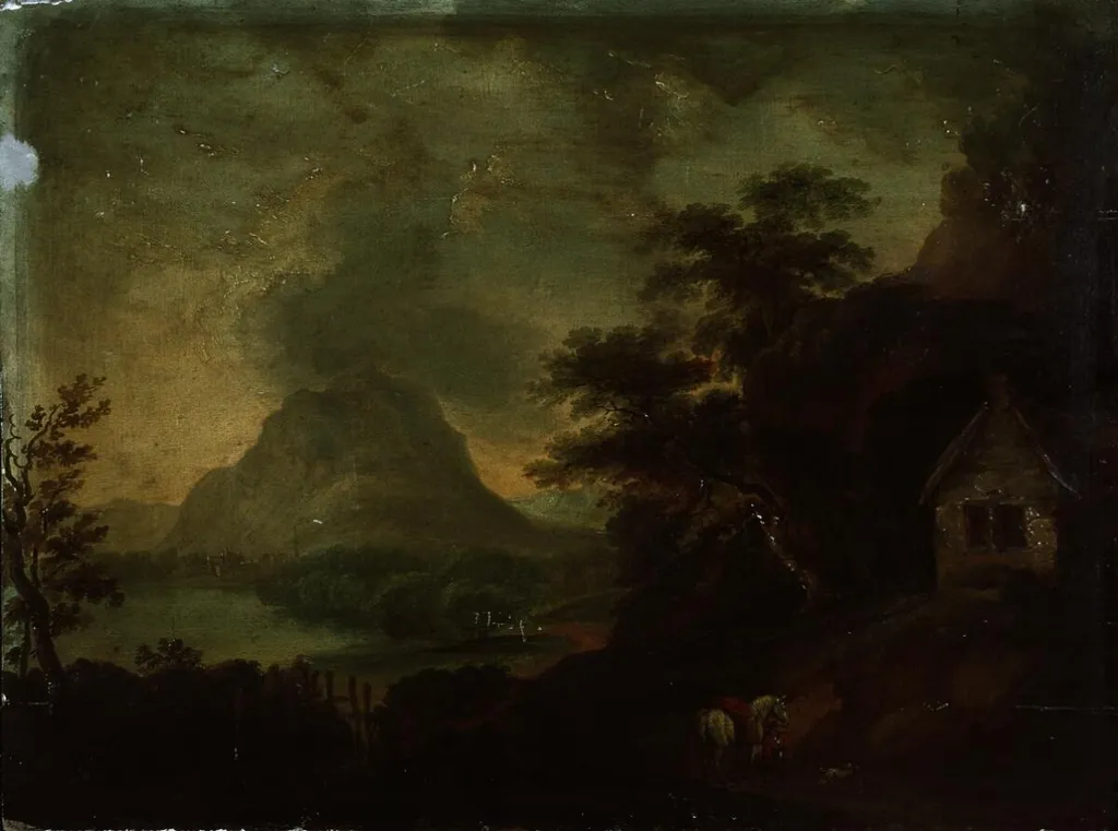 Landscape with lake and mountains, by Unknown, oil, 1890
