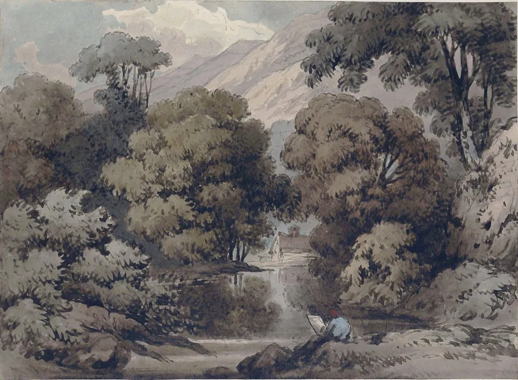 Landscape with man sketching, by Unknown, watercolor, 1850