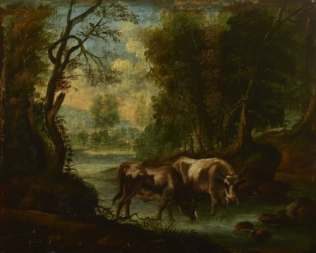 Landscape with Oxen, by Unknown, oil, 1750