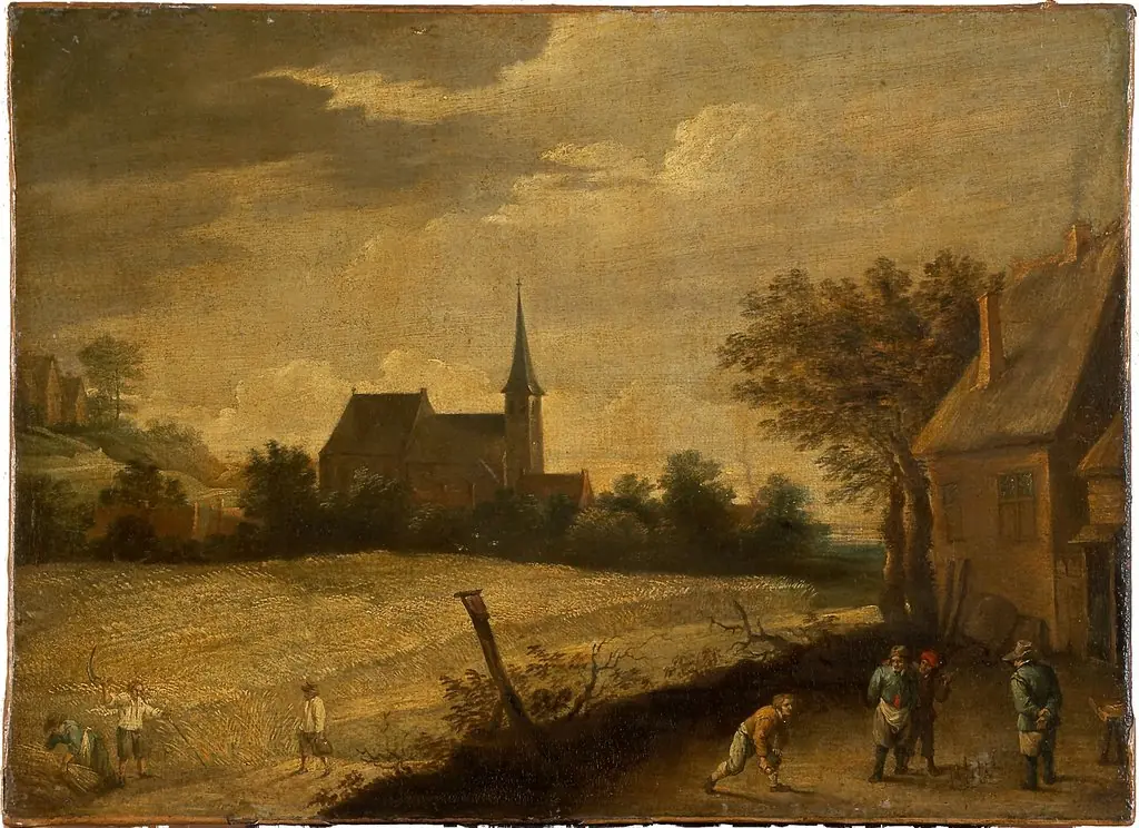 Landscape with Peasants Mowing and Bowling, by Unknown