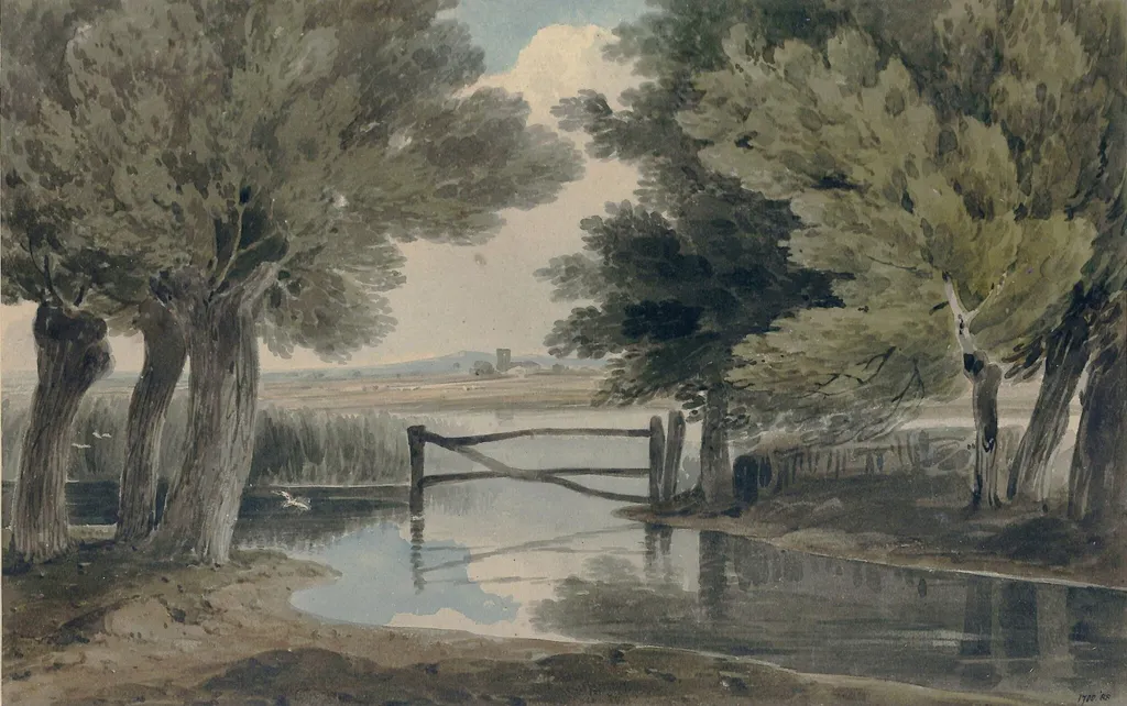 Landscape with pond and trees, by Unknown, watercolor, 1850