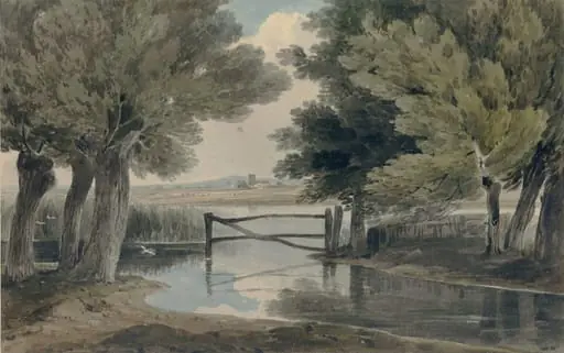 Landscape with pond and trees, by Unknown