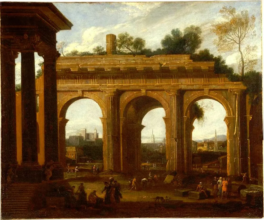 Landscape with ruins and figure, by Unknown